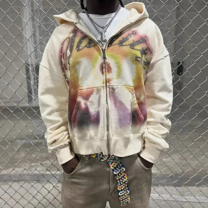 Athletic-style Zip-up Hoodie With Letter Graffiti Print