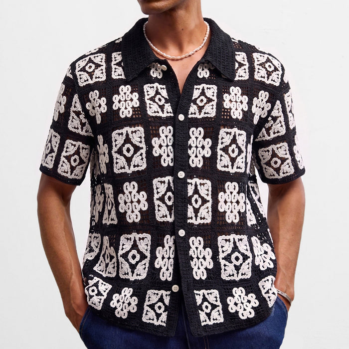 Mens Black And White Plaid Color-Block Crochet Hollow-Out Knit Sweater