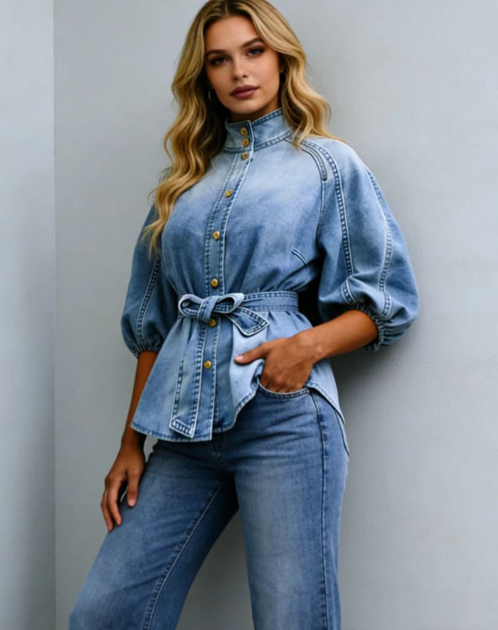 Lace-up Waist-cinching Bell-sleeve Cropped-sleeve Versatile Vintage Denim Shirt