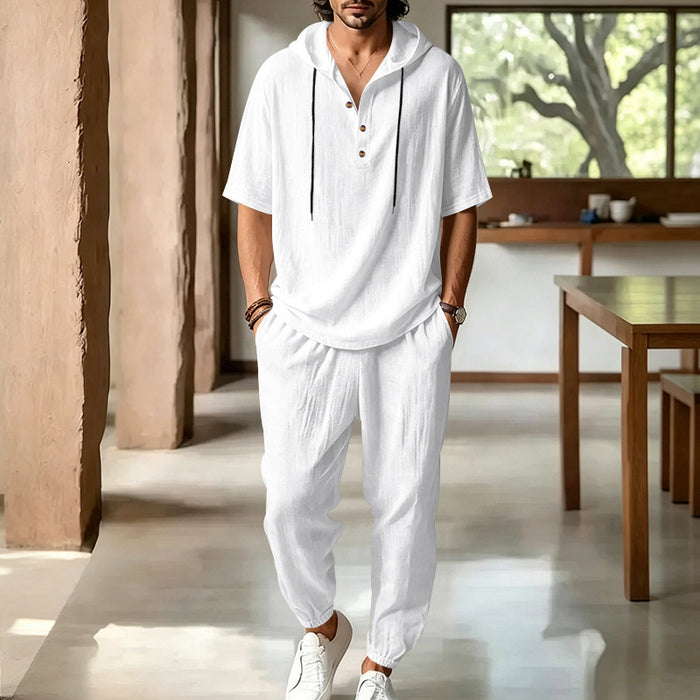 Mens Casual Loose-fit Hooded Short-sleeve And Long-pants Set