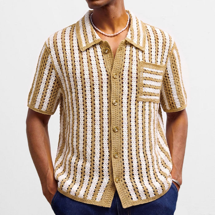 Mens Retro Striped Hollow-Out Knit Sweater