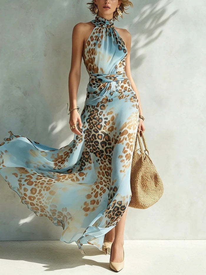 Leopard-print Sleeveless Maxi Dress Halter-neck Printed Gown