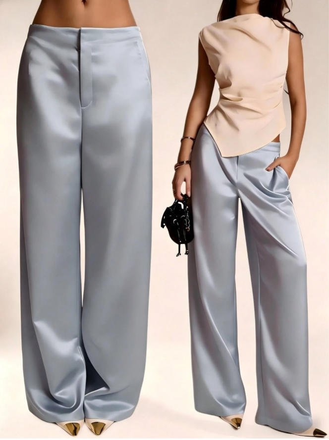 Womens Casual Solid-color Satin Wide-leg Pants