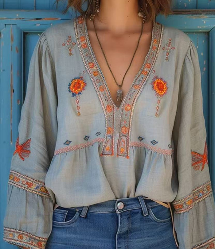 Designer-style V-neck Loose-fit Long-sleeve Top
