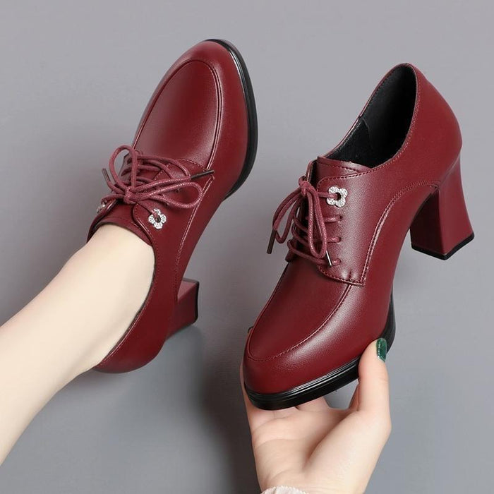 Fashionable And Versatile Womens Soft-leather Chunky-heel Shoes Durable For Spring And Autumn In A New Chinese Style