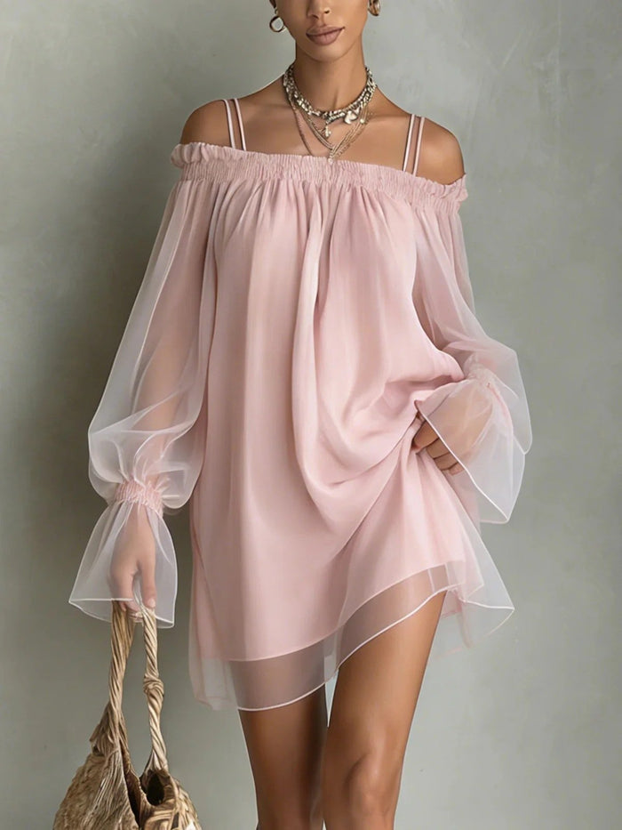 Off-shoulder Loose-fit Pleated Boatneck Dress