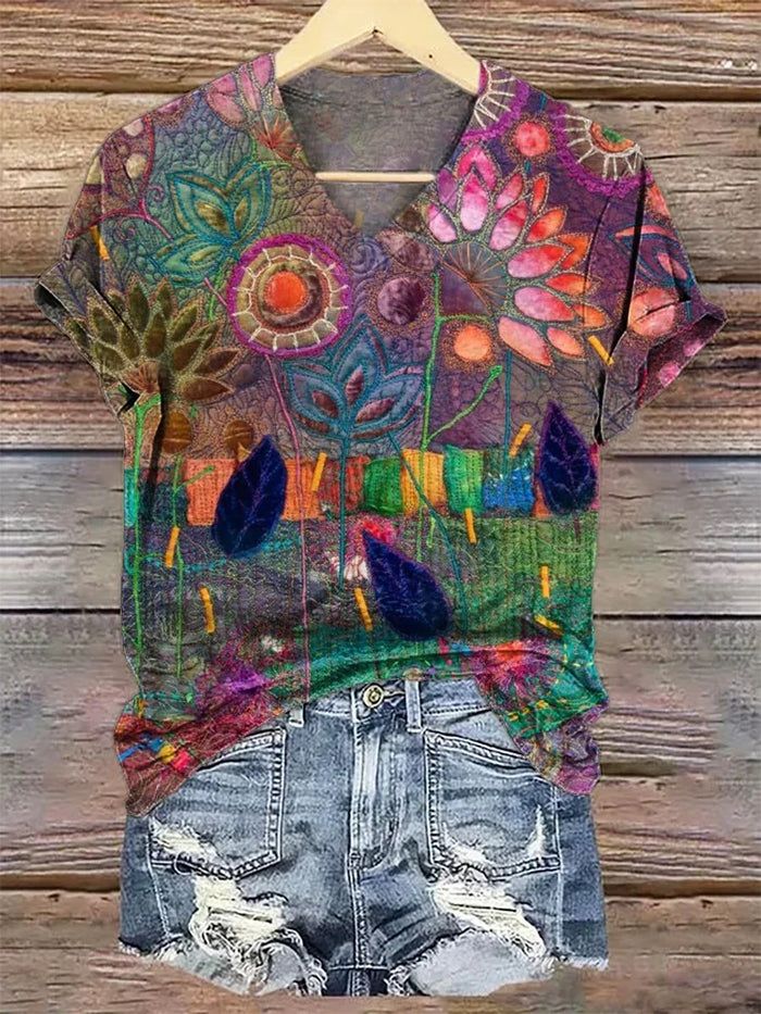 3D Digital Print T-Shirt Womens V-Neck Short-Sleeve Top