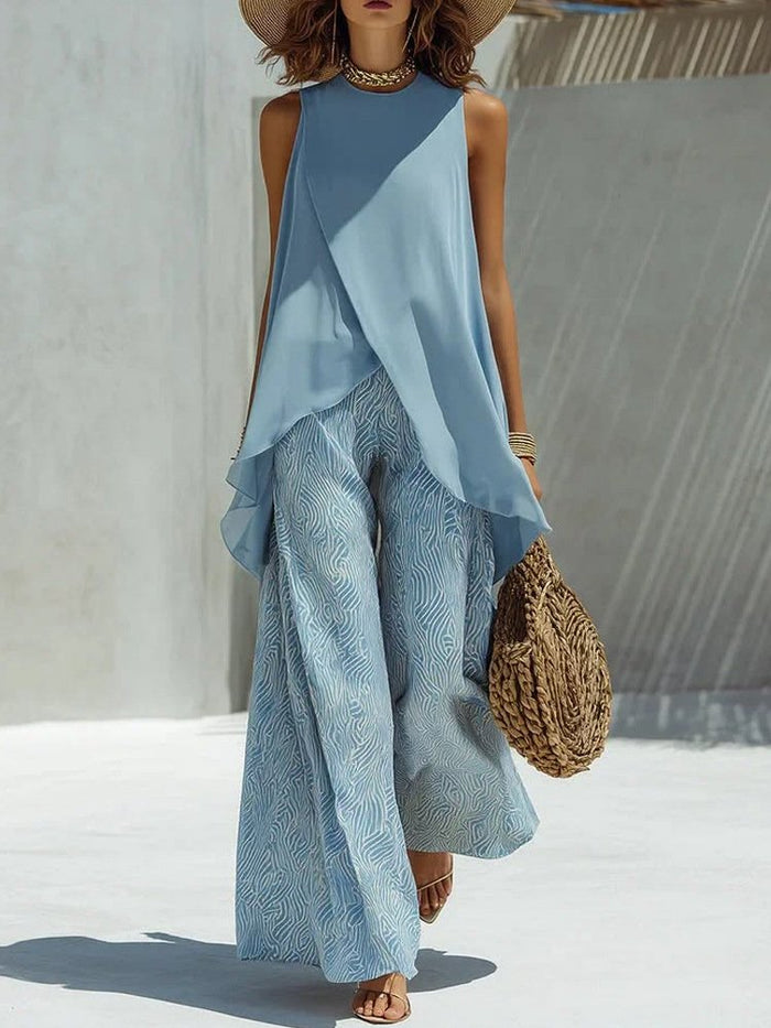 Womens Crew-neck Pullover Sleeveless Top And Long Pants Set