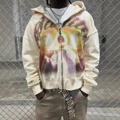 Athletic-style Zip-up Hoodie With Letter Graffiti Print