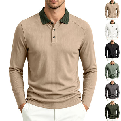 Mens Casual Breathable Lapel Long-Sleeve Polo Shirt