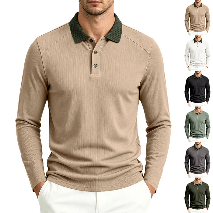 Mens Casual Breathable Lapel Long-Sleeve Polo Shirt