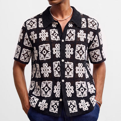 Mens Black And White Plaid Color-Block Crochet Hollow-Out Knit Sweater