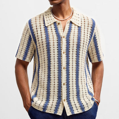 Mens Pure Cotton Hollow-out Crochet Knit Sweater