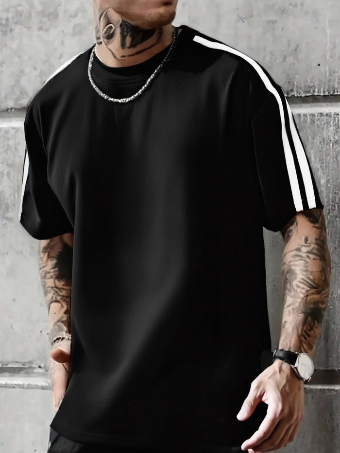 Summer Black And White Contrast Loose Round-neck Short-sleeve T-shirt For Men, Trendy Minimalist Versatile Casual Short-sleeve Top