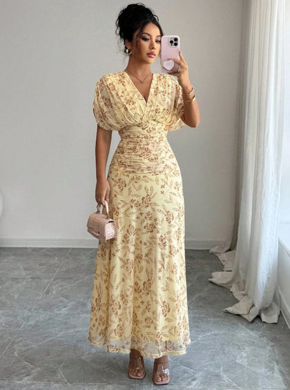 Womens Casual Floral-print V-neck Puff-sleeve Dress