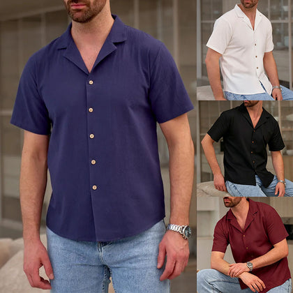 Mens Casual And Stylish Lapel Short-sleeve Cotton-linen Shirt