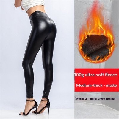 Womens Plus-Size High-Waisted Fleece-Lined PU Leather Pants