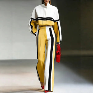 Color-block Sporty Hoodie And Wide-leg Pants Set