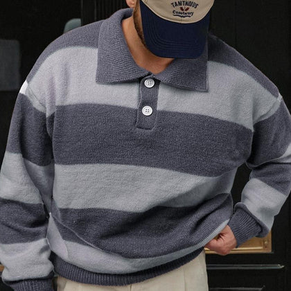 Mens Striped Knit Sweater With A Contrasting Color Collar