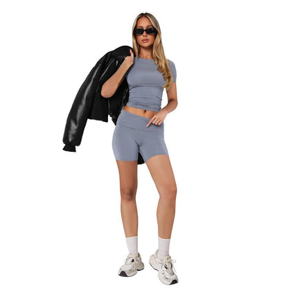 Short-sleeve Crew-neck Pullover And Slim-fit Shorts Set Comfortable To Wear