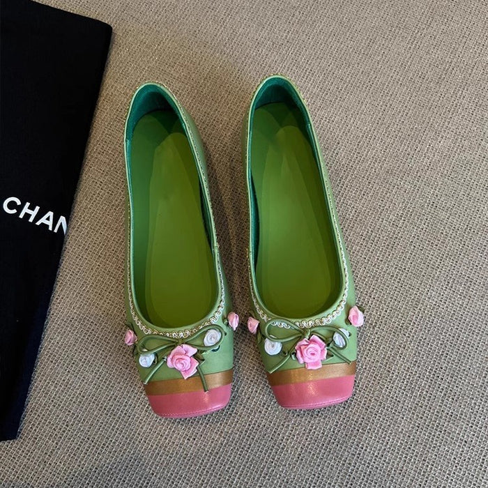 Square-toe Low-cut Womens Elevator Shoes With A Bow Slip-on Flat-soled Womens Shoes