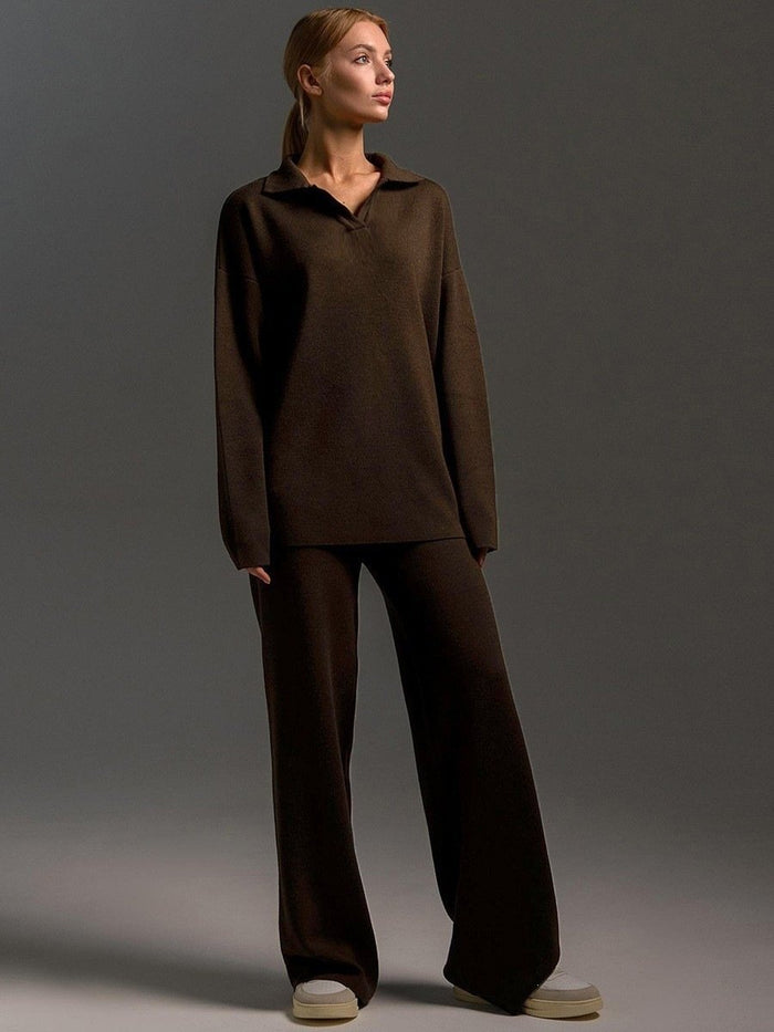 Womens Solid-color Polo-collar Wide-leg Pants Set