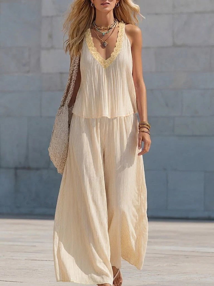 Lace V-neck Pleated Striped Loose-fitting Slimming Wide-leg Pants Set