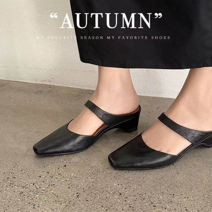 Women's Handmade Washed Leather Mary Jane Mules, Square Toe Mid Heel Slip-On Slides With Pigskin Lining