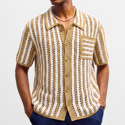 Mens Retro Striped Hollow-Out Knit Sweater