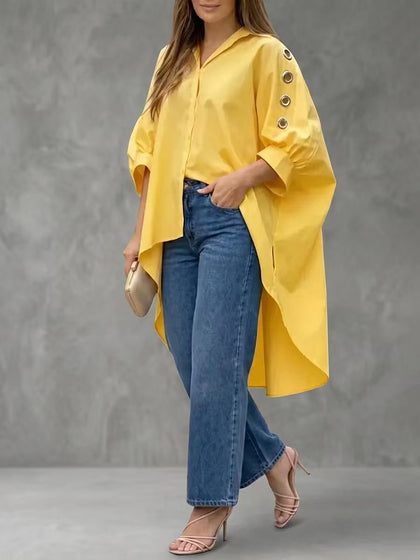 Womens Loose-fit Solid-color Long-sleeve Shirt