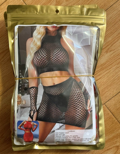 Women 4 Piece Fishnet Lingerie Set Halter Crop Top Mini Skirt Long Gloves Hollow Out Mesh Bodysuit Outfit