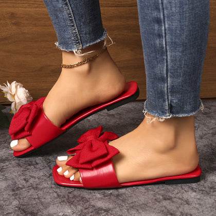 Bow-knot Large-size Slippers Womens Flat-strapped Beach Sandals