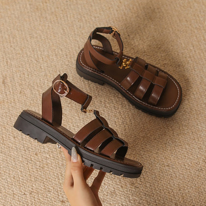 Summer Height-increasing Thick-soled Genuine Leather Retro Roman Flat Beach Sandals Flat Heel