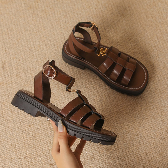 Summer Height-increasing Thick-soled Genuine Leather Retro Roman Flat Beach Sandals Flat Heel