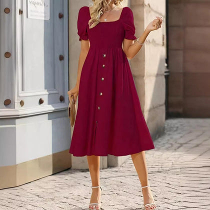 Womens Square-neck Pleated Short-sleeve Dress With Buttons