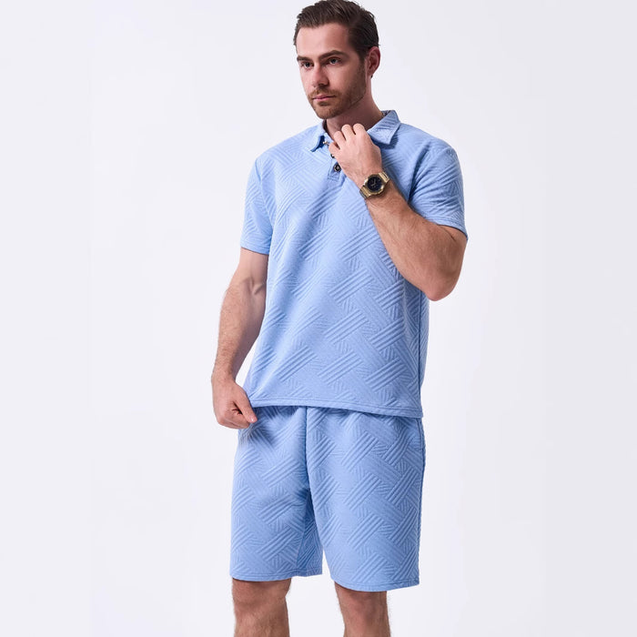 New Mens Solid-color Jacquard Casual Short-sleeve Top And Shorts Two-piece Set