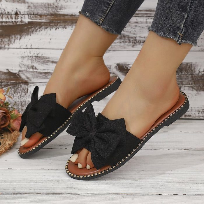 Foreign Trade Flat-Soled Rhinestone Bow Slide Sandals