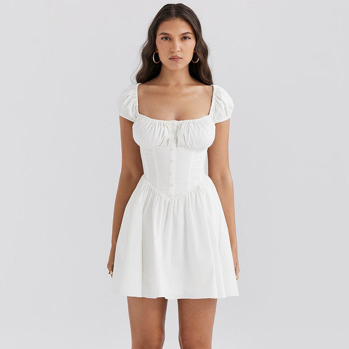 Womens Casual Puff-sleeve Square-neck Dress
