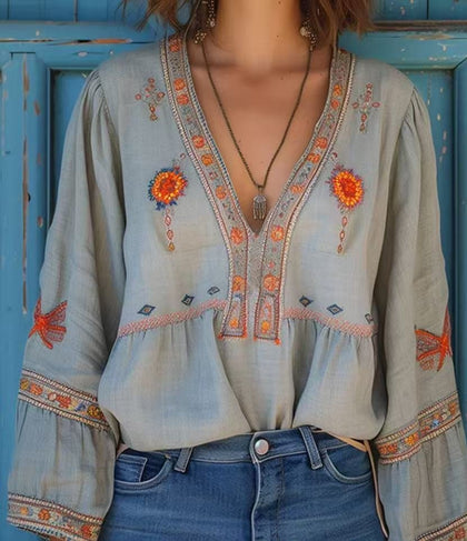 Designer-style V-neck Loose-fit Long-sleeve Top