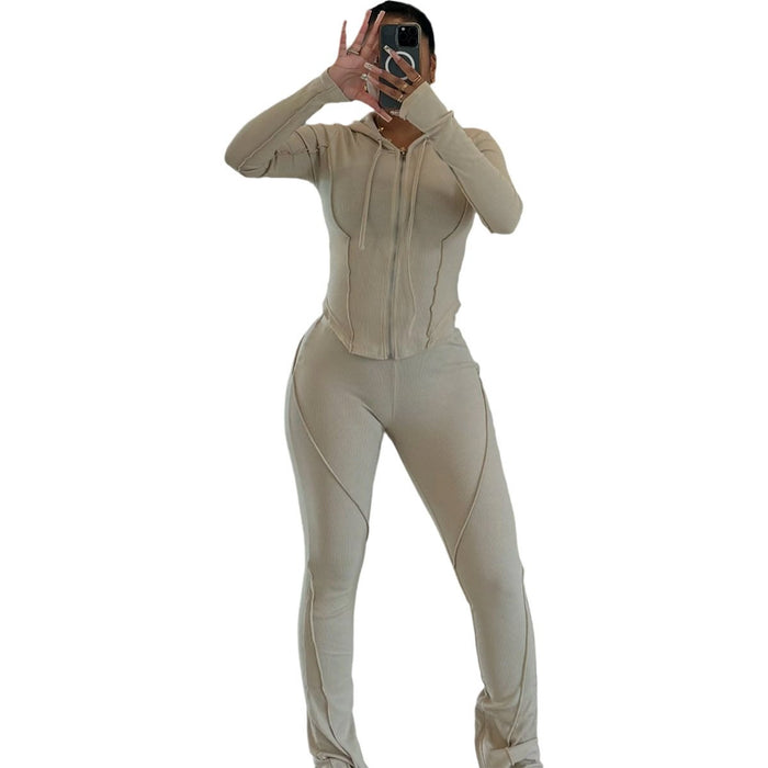 Womens Fashion Ribbed-Stripe Casual Sports Set
