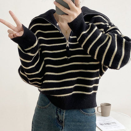 Womens Loose-Fit Striped Pullover Sweater
