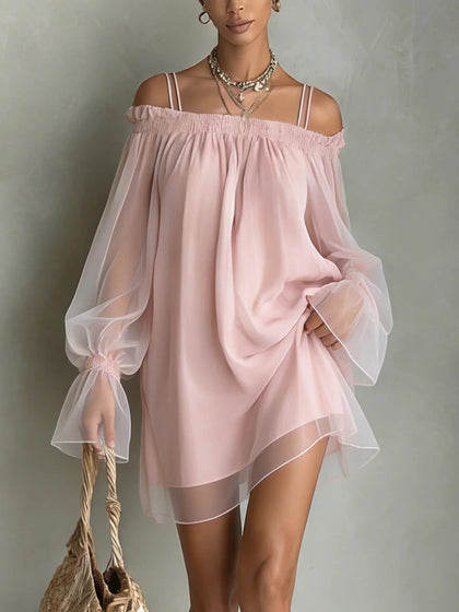 Off-shoulder Loose-fit Pleated Boatneck Dress