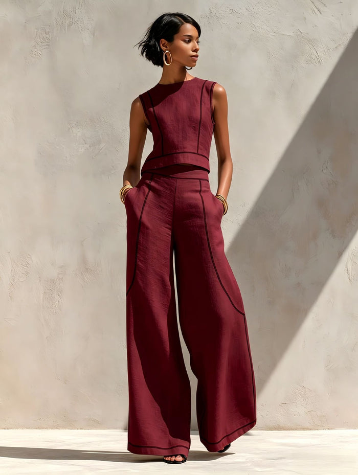 Sleeveless Color-Block Wide-Leg Pants Set Womens Summer Casual Chic Two-Piece Outfit