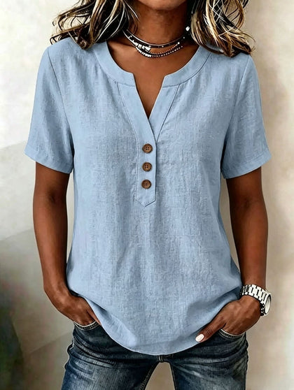 Casual Loose-fit Cotton-linen V-neck Button-up Top