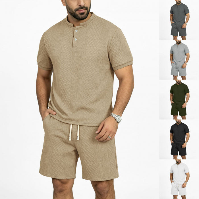Mens Jacquard Stand-Collar T-Shirt And Shorts Two-Piece Set