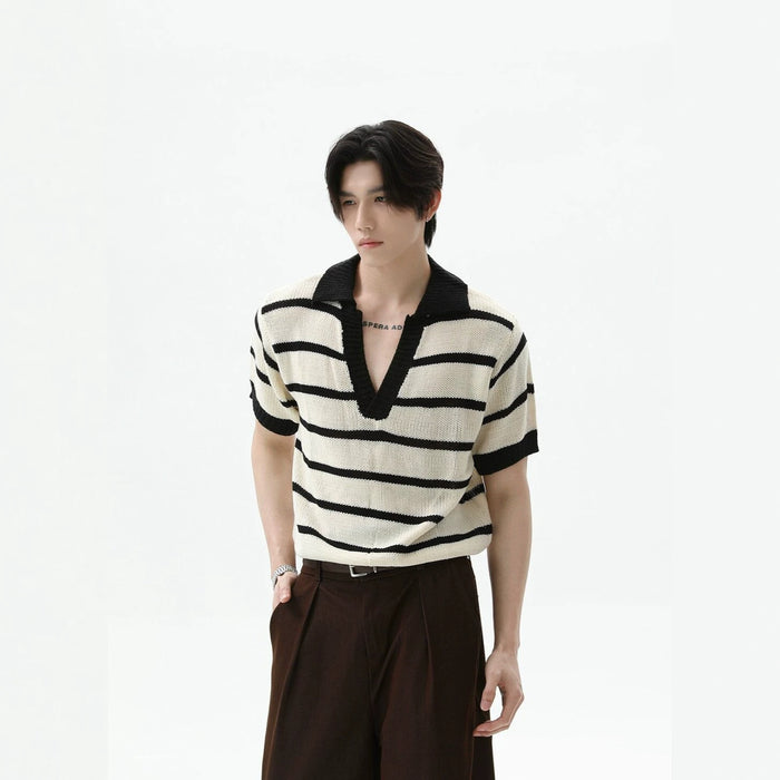 Casual Striped Color-Block V-Neck Mens Top