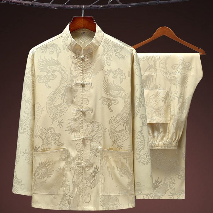 SpringSummer Ice-Silk Mens Long-Sleeve Top And Pants Set