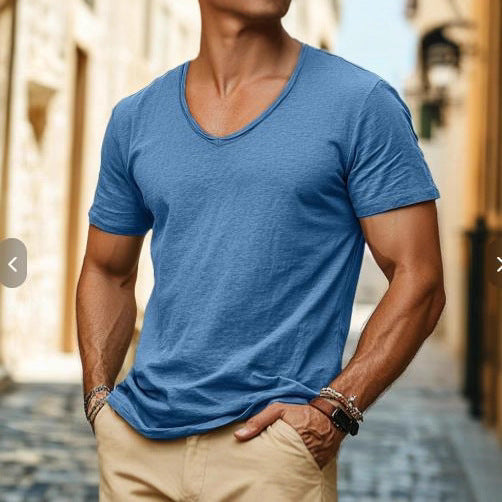 Solid-color Bamboo-cotton V-neck Short-sleeve T-shirt